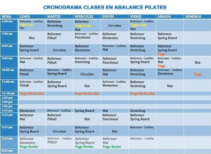 Cronograma de Clases en Abalance Pilates